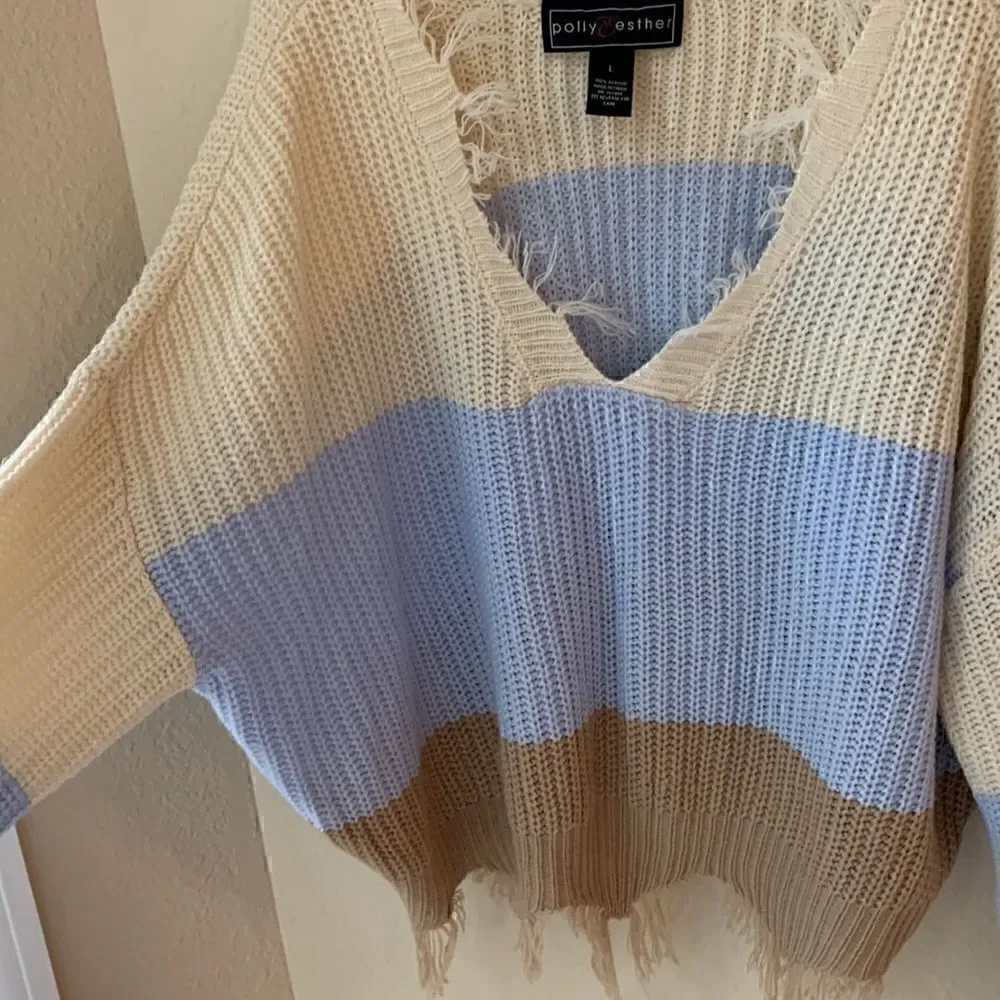 Sweater Blue & cream Striped Oversized size large Drop Shoulder Polly & Esther‎